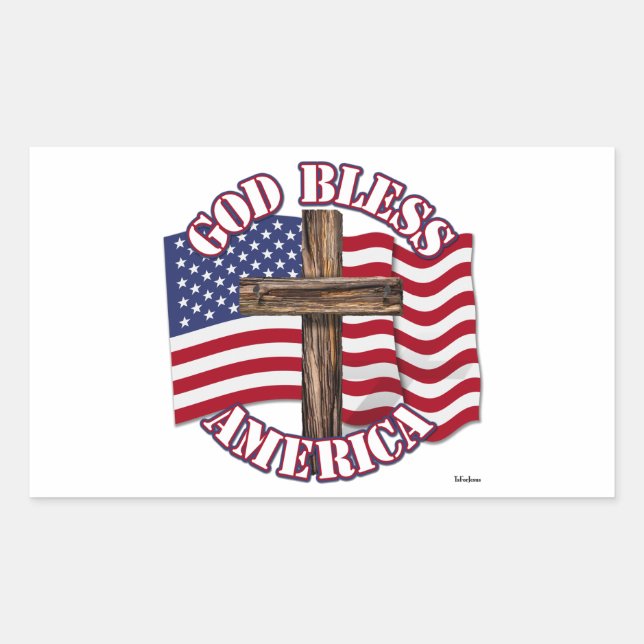 God Bless American with USA Flag & Cross Rectangular Sticker (Front)