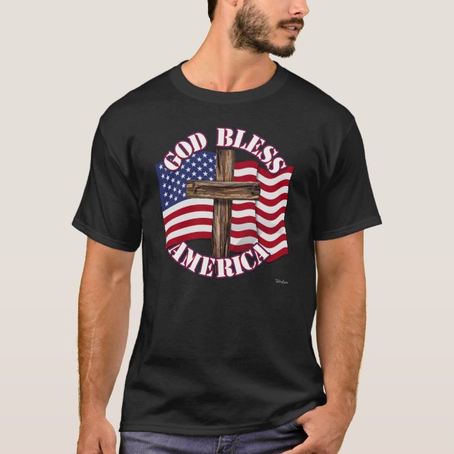 God Bless American with USA Flag & Cross T-Shirt (Front)
