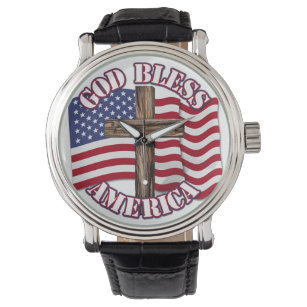 God Bless American with USA Flag & Cross Watch