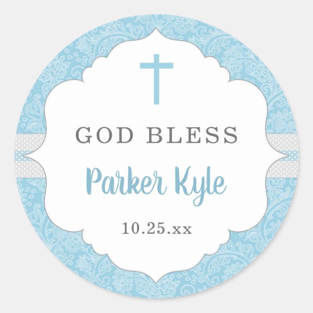 God Bless baptism favour | blue damask baby boy Classic Round Sticker (Front)