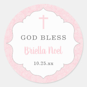 God Bless baptism favour   pink damask baby girl Classic Round Sticker