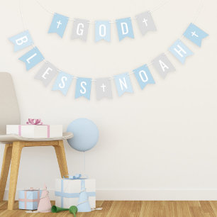God Bless Blue and Grey Custom Name Baptism Bunting