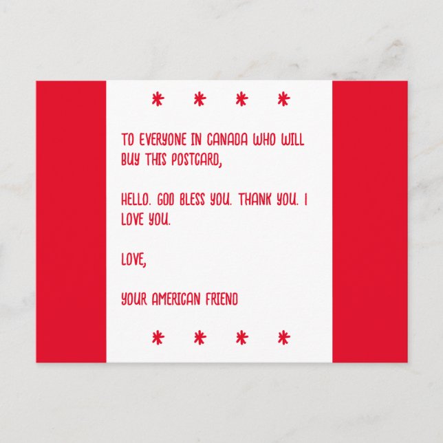 GOD Bless Canada. Love, Your American Friend. Postcard (Front)