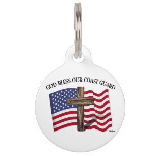 GOD BLESS COAST GUARD with rugged cross & US flag Pet Tag