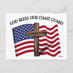GOD BLESS COAST GUARD with rugged cross & US flag Postcard