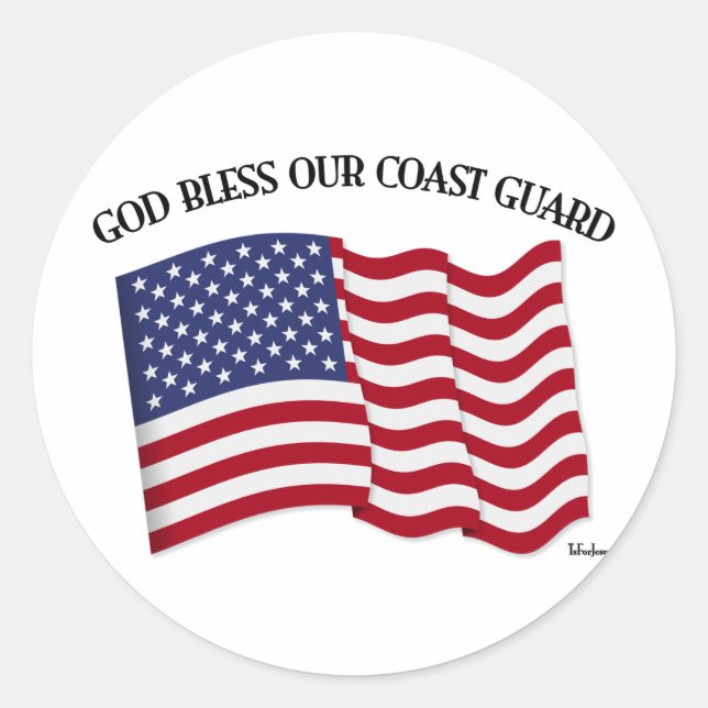 GOD BLESS COAST GUARD with & US flag Classic Round Sticker (Front)