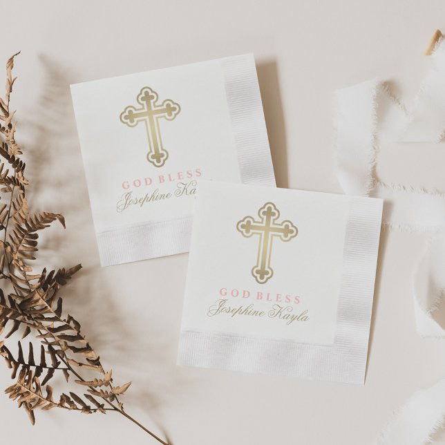 God Bless Elegant Gold Cross Baptism Girl Blush Napkin (Creator Uploaded)