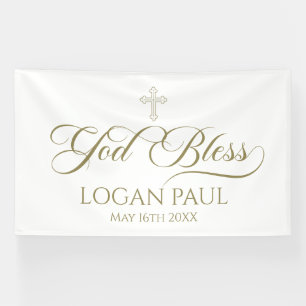 GOD BLESS gold banner backdrop