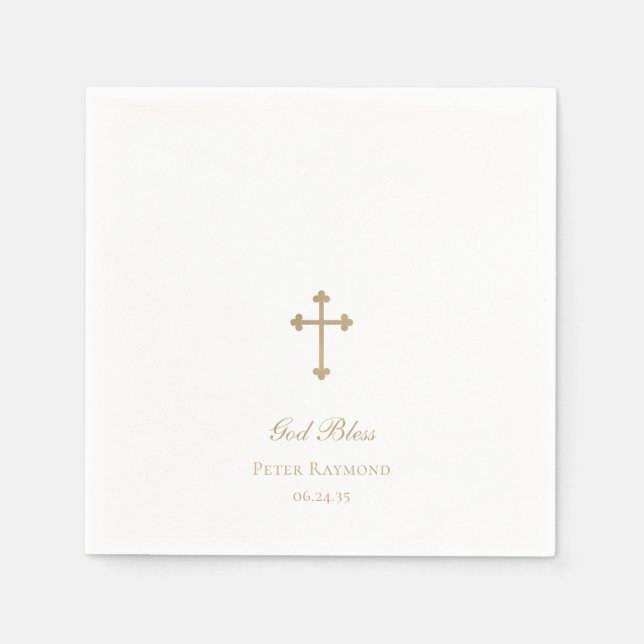 God Bless Gold Cross Boy Baptism Napkin (Front)