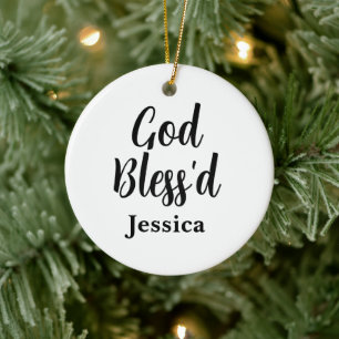 God Bless Inspirational Phrase White Typography Ceramic Ornament