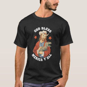 God Bless Merica Y all Jesus Dinosaur Cowboy Hat T-Shirt