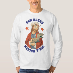 God Bless Merica Y'all Jesus Dinosaur Cowboy Hat T-Shirt
