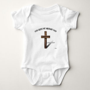 GOD BLESS MY MILITARY DAD with rugged cross Baby Bodysuit