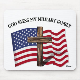 GOD BLESS MY MILITARY FAMILY rugged cross, US flag Mouse Pad