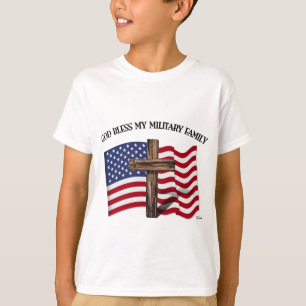 GOD BLESS MY MILITARY FAMILY rugged cross, US flag T-Shirt