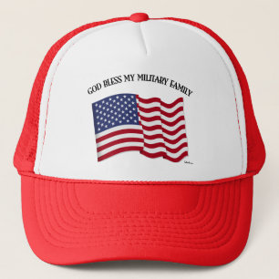 GOD BLESS MY MILITARY FAMILY with US flag Trucker Hat
