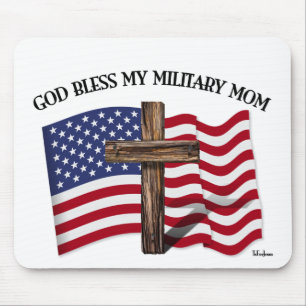 GOD BLESS MY MILITARY MOM rugged cross & US flag Mouse Pad