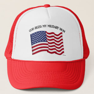 GOD BLESS MY MILITARY MOM with US flag Trucker Hat