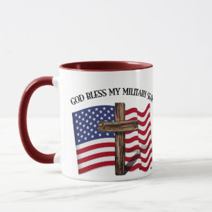 GOD BLESS MY MILITARY SON, rugged cross & US flag Mug