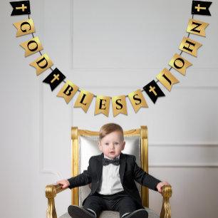 God Bless Name Black Gold Religious Confirmation Bunting