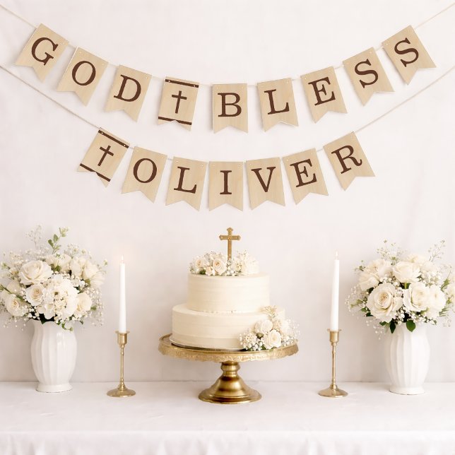 God Bless Name Brown Wood Baptism First Communion Bunting (Creator Uploaded)