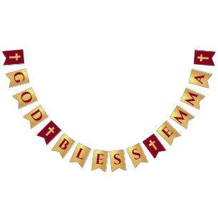 God Bless Name Gold Burgundy Baptism Communion Bunting