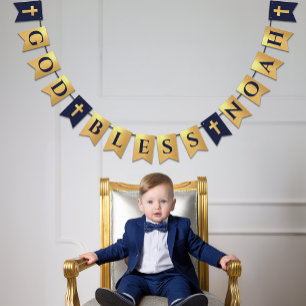 God Bless Name Gold Navy Blue Baptism Communion Bunting