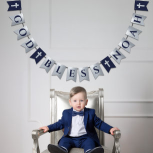 God Bless Name Silver Navy Blue Baptism Communion Bunting