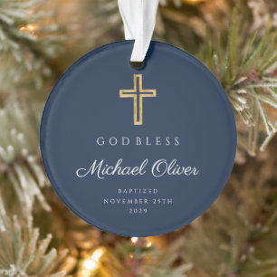 God Bless Navy Blue Religious Boy Baptism Photo Ornament