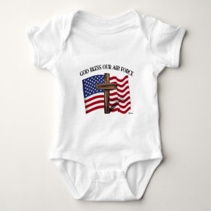 GOD BLESS OUR AIR FORCE with rugged cross, US flag Baby Bodysuit