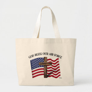 GOD BLESS OUR AIR FORCE with rugged cross, US flag Large Tote Bag
