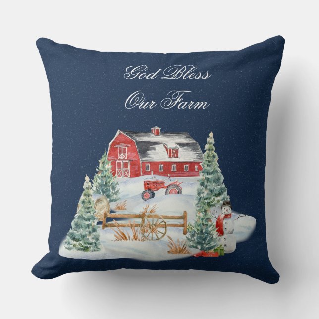 God Bless Our Farm Christmas Farm Scene Cushion (Front)