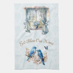 God Bless Our Home Bluebird Floral Damask Tea Towel