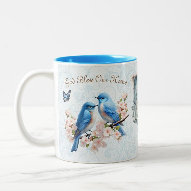 God Bless Our Home Bluebird Floral Damask Two-Tone Coffee Mug (Left)