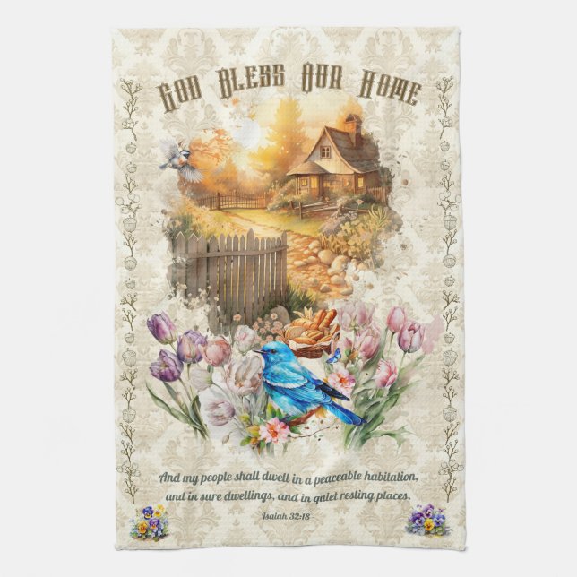 God Bless Our Home Damask Kitchen Towel (Vertical)