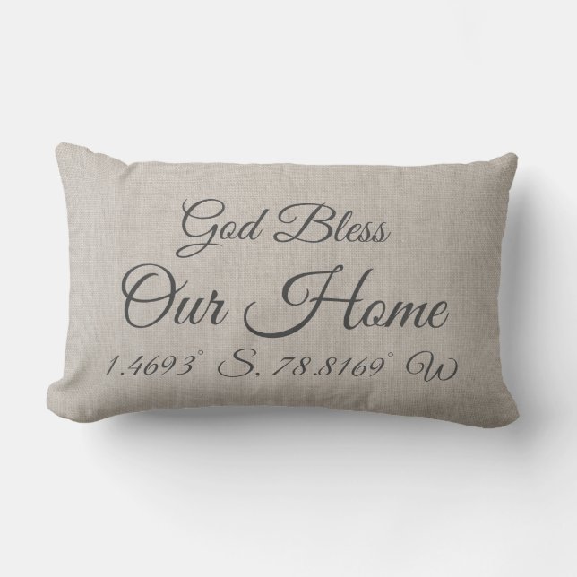 God Bless Our Home Latitue Longitude Natural Linen Lumbar Cushion (Front)