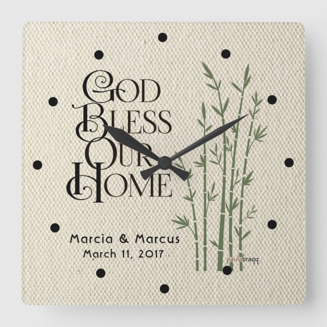 God Bless Our Home: Personalised Square Wall Clock (Front)
