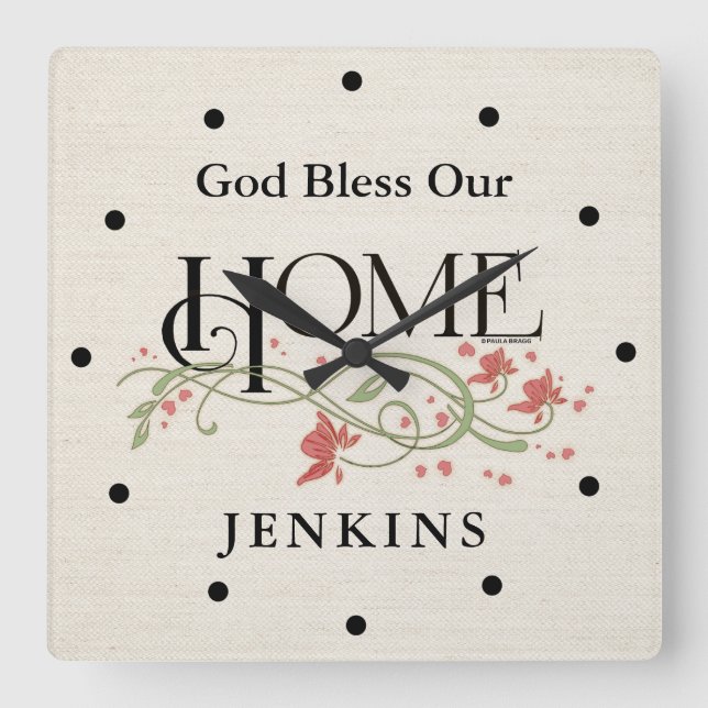 God Bless Our Home: Personalised Square Wall Clock (Front)
