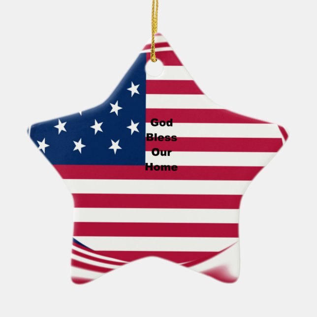 God Bless Our Home: USA Flag Swirl Art Ceramic Ornament (Front)