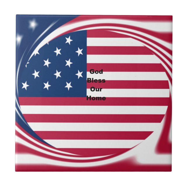 God Bless Our Home: USA Flag Swirl Art Ceramic Tile (Front)