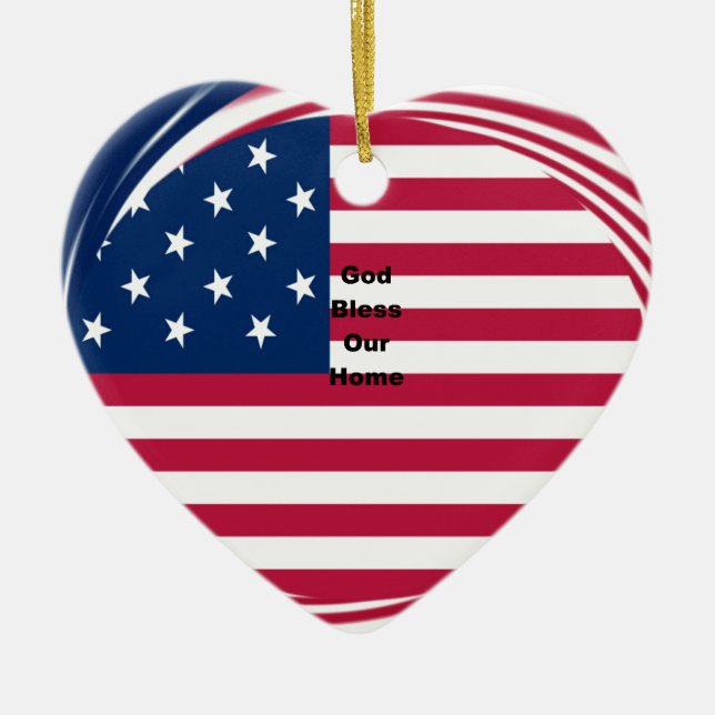 God Bless Our Home: USA Flag Swirl Art Ceramic Tree Decoration (Front)