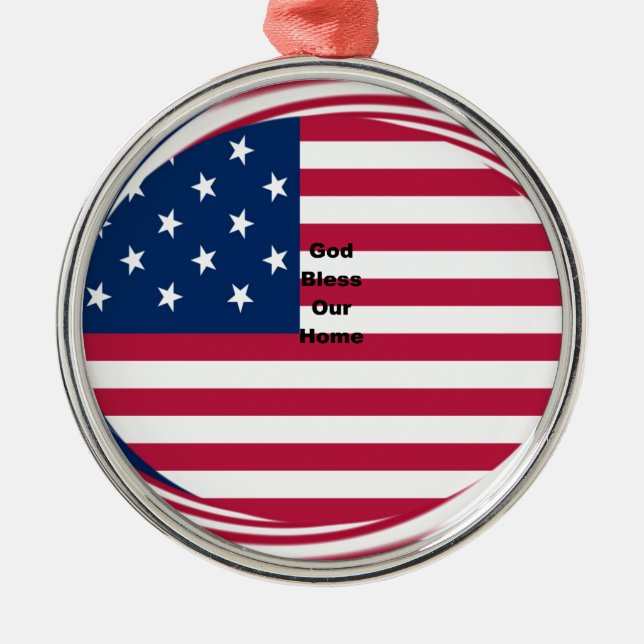 God Bless Our Home: USA Flag Swirl Art Metal Ornament (Front)