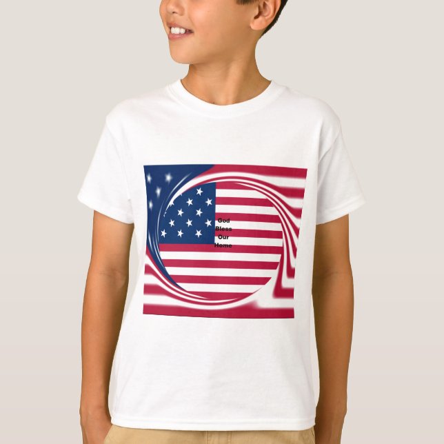 God Bless Our Home: USA Flag Swirl Art T-Shirt (Front)