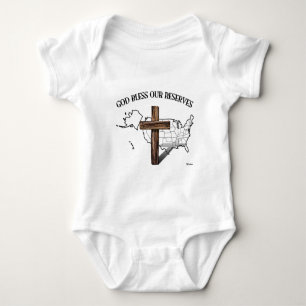 GOD BLESS OUR RESERVES, rugged cross & US outline Baby Bodysuit