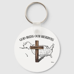 GOD BLESS OUR RESERVES, rugged cross & US outline Key Ring