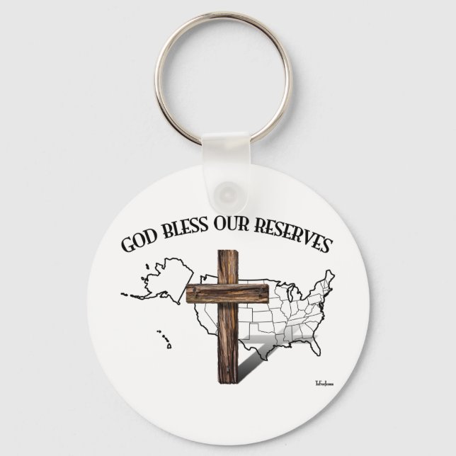 GOD BLESS OUR RESERVES, rugged cross & US outline Key Ring (Front)