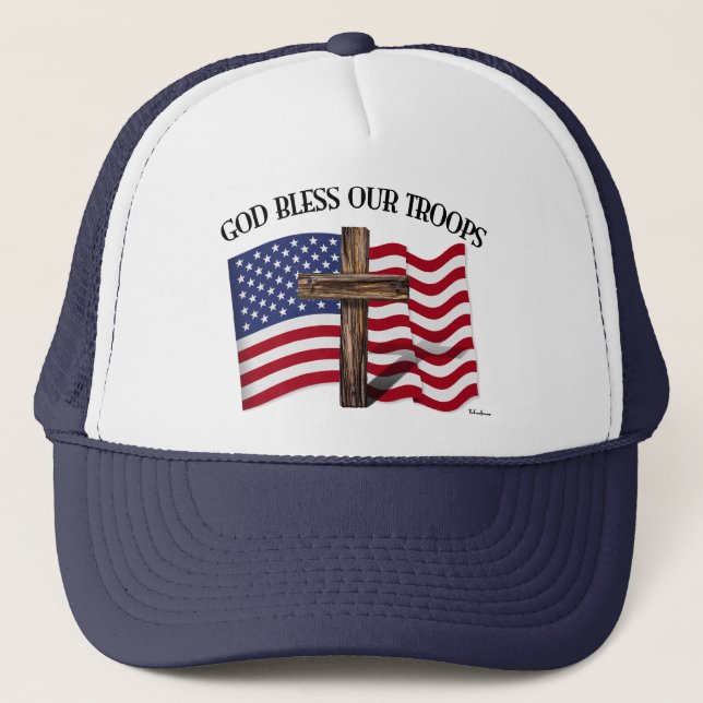 God Bless Our Troops with rugged cross and US flag Trucker Hat (Front)