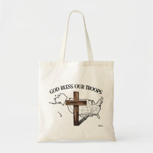 God Bless Our Troops with rugged cross & US outine Tote Bag