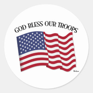 God Bless Our Troops with US flag Classic Round Sticker