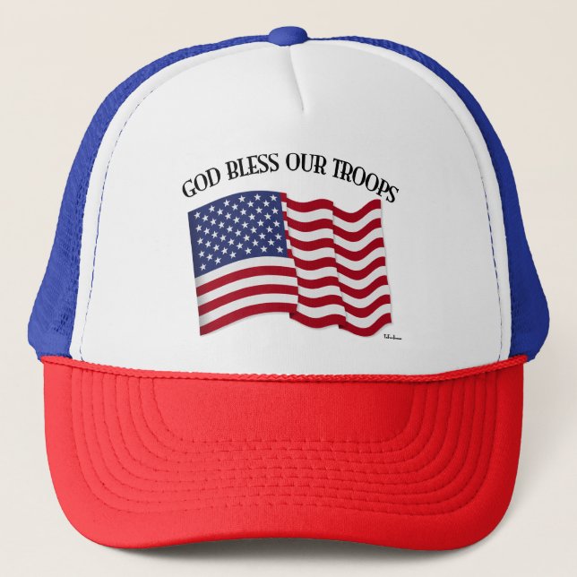 God Bless Our Troops with US flag Trucker Hat (Front)